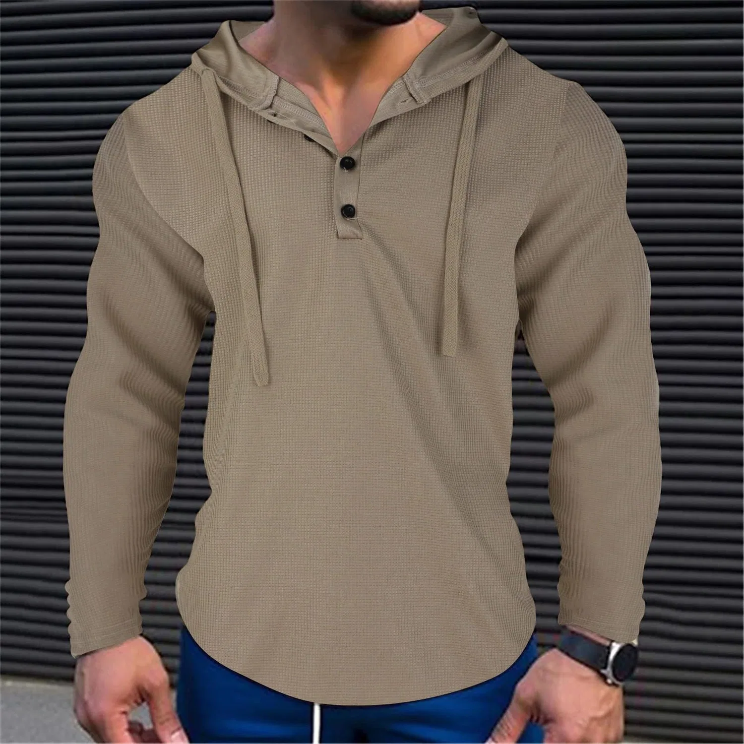 Мужской худи с принтом Honeycomb Drawstring Pullover Button Muscle Fit Long Sleeve, Dark Khaki — фото 2