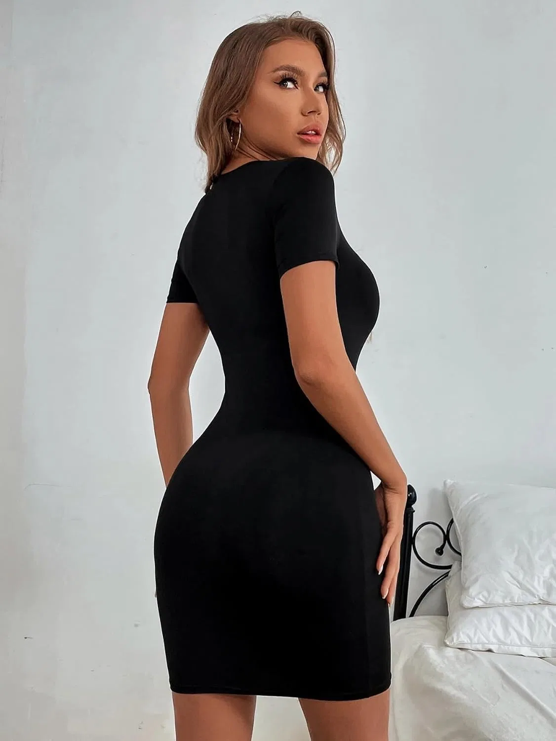 Женское облегающее платье с коротким рукавом для пляжа, Black — фото 2