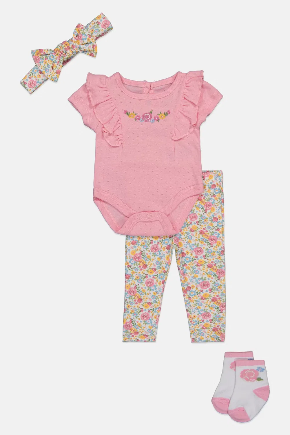 Комплект боди и штанов с цветочным принтом, с повязкой и носками Baby Essentials, разноцветный — фото 4