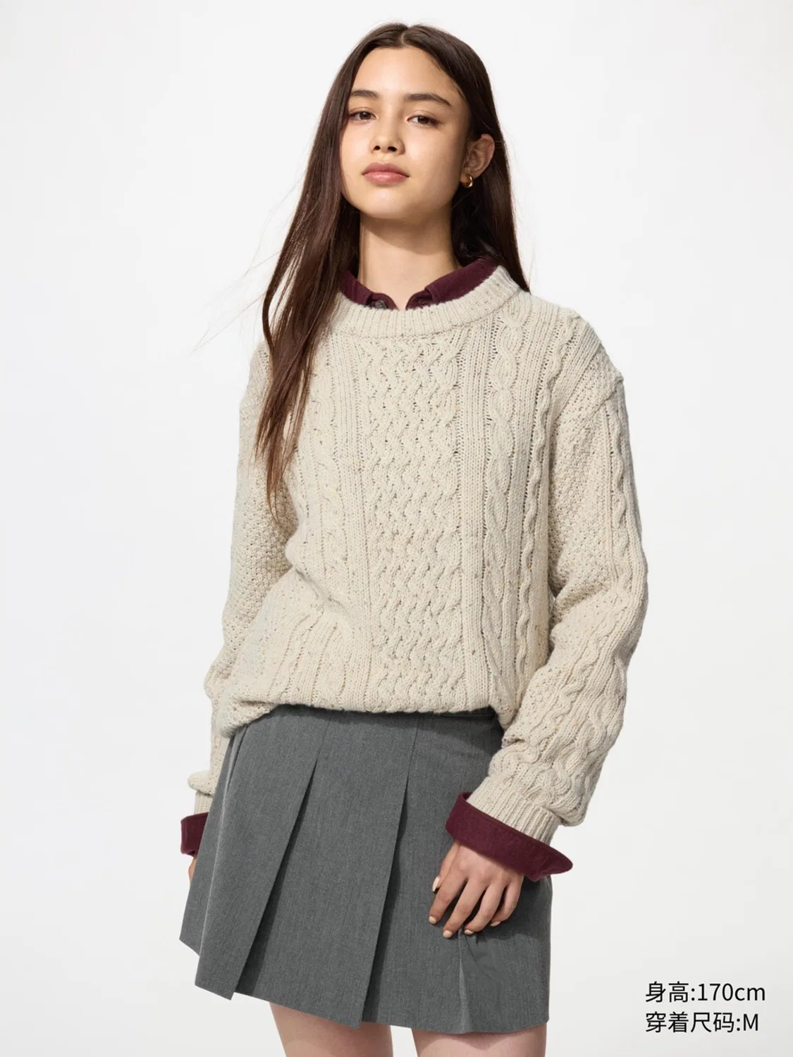 Свитер крупной вязки с косами и круглым вырезом, длинным рукавом Uniqlo, коричнево-черный — фото 3