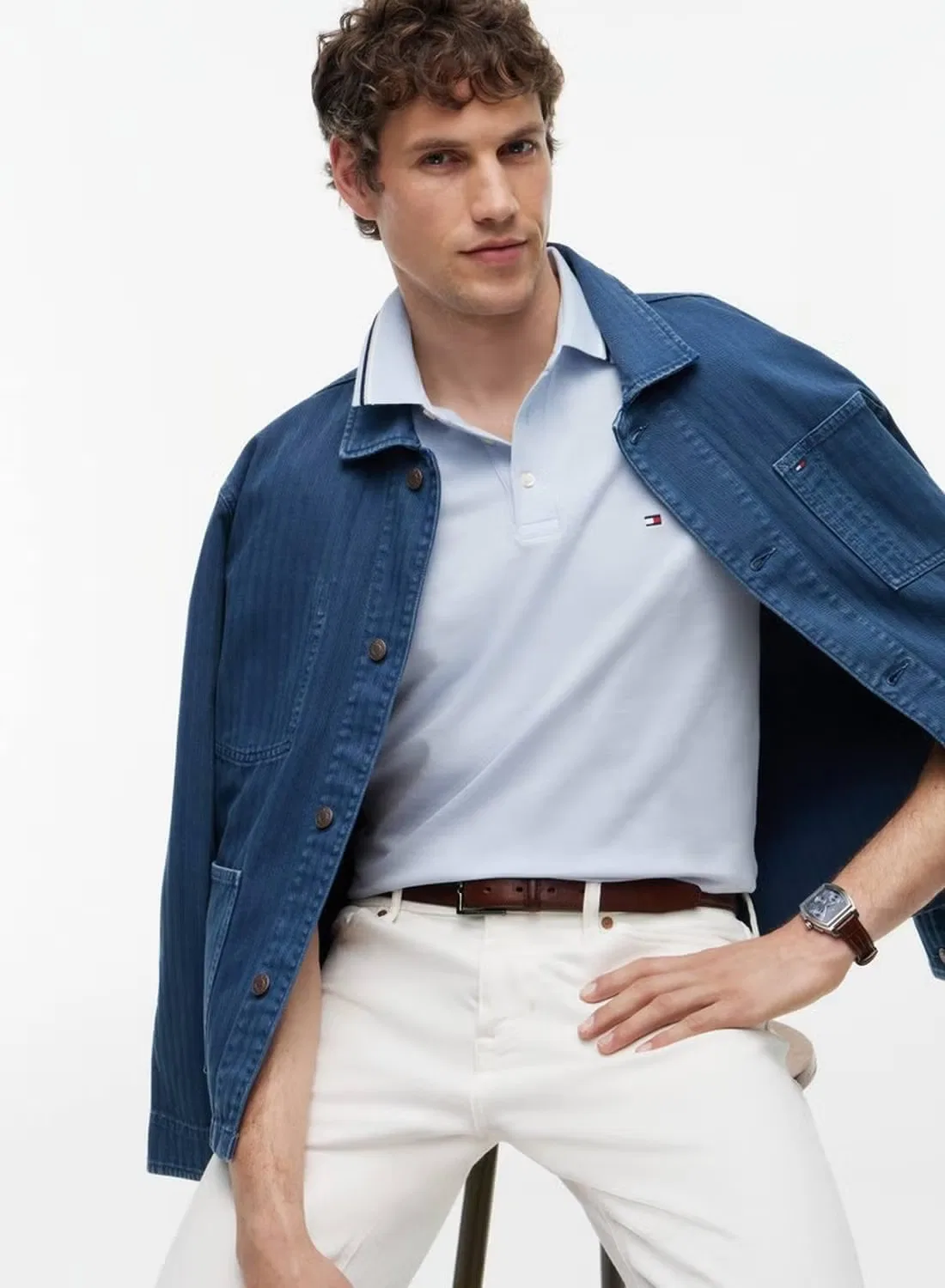 Поло с контрастной отделкой хлопковое Slim fit tipped pique Tommy Hilfiger, голубой — фото 2