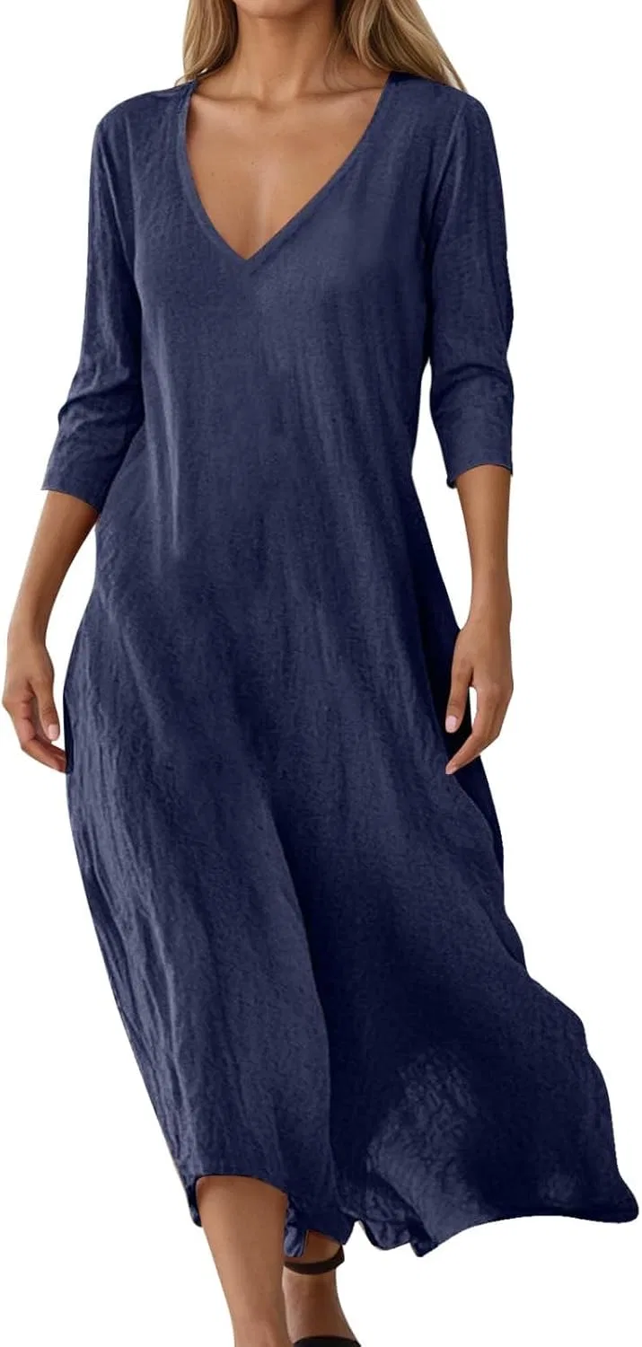 Женское летнее богемное платье макси с v-образным вырезом Cotton Linen, Navy