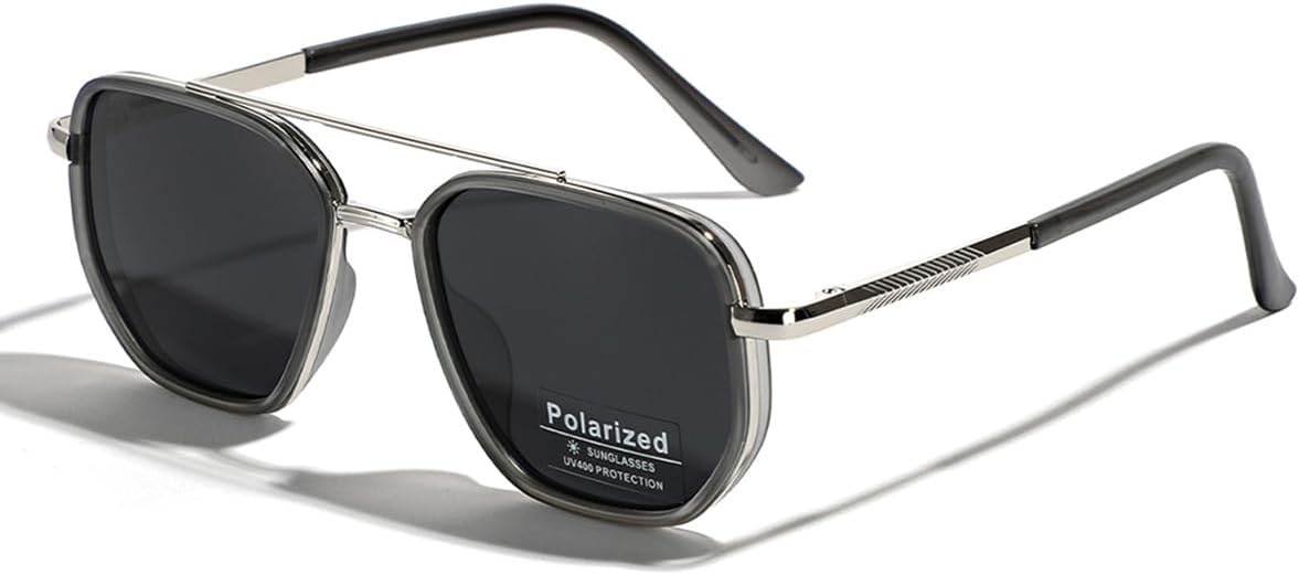 

Поляризованные солнцезащитные очки TR90 в винтажном стиле, квадратная форма, плоская верхняя часть, двойная перемычка, металлическая защита от УФ-излучения UV400 weiyuchen, Silver With Black