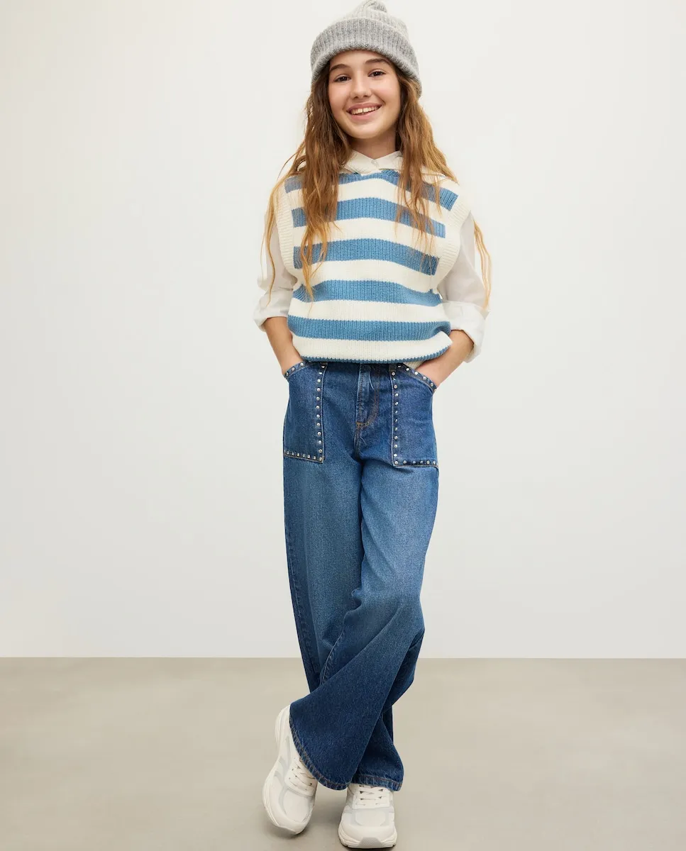 

Джинсовые брюки с широкими штанинами и заклепками на карманах для девочки Kids El Corte Inglés, темно-серый