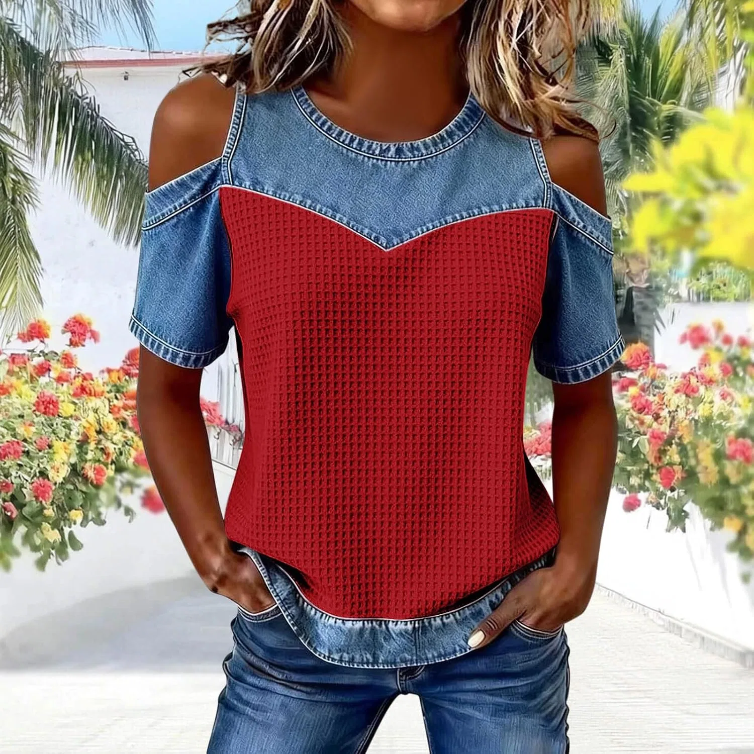 Женская футболка с вырезом на плечах, модель Cold Shoulder Waffle Knit, красный — фото 2