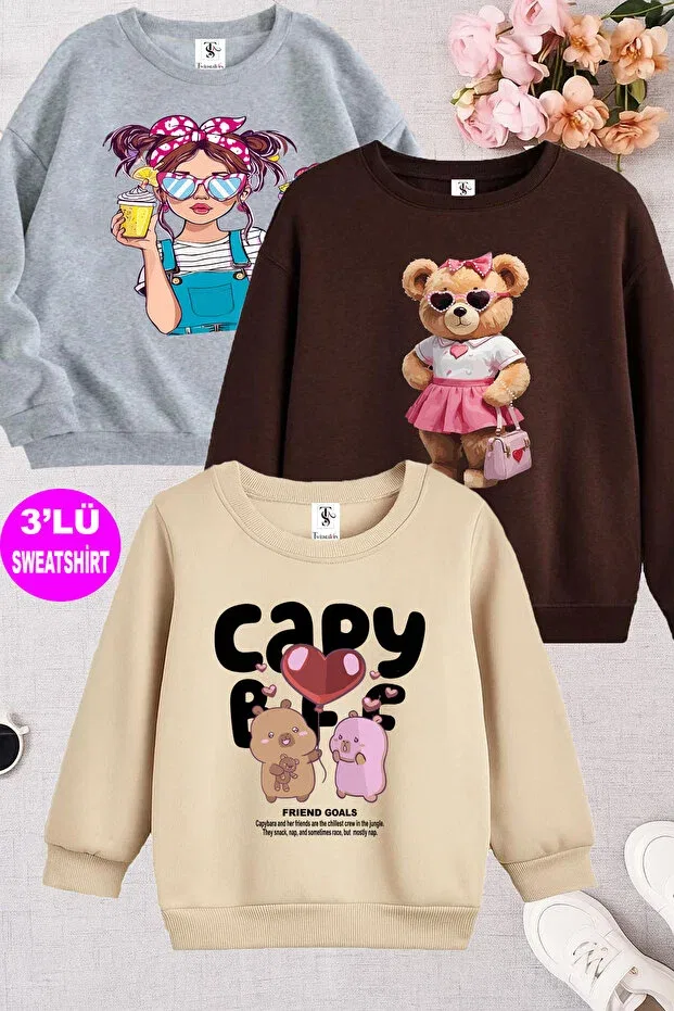 Детские свитшот для девочек с принтом Beige-Grey-Brown triple crew neck girls' sweatshirt with capybara and teddybear print and fleece inside Twins Tailors, Brown
