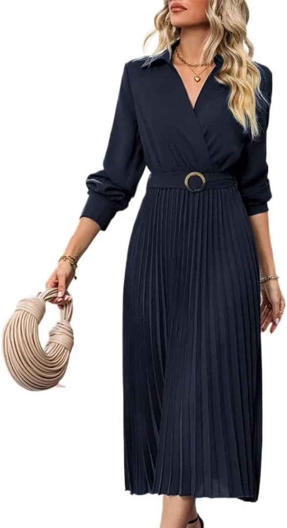 Женское платье миди с V-образным вырезом A-LINE, Navy Blue