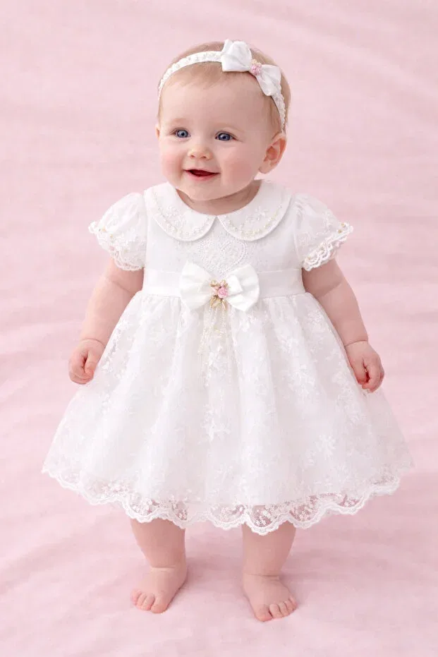 Детское платье для девочек с коротким рукавом Heart-Embellished Pearl Ley Bebe, White — фото 2