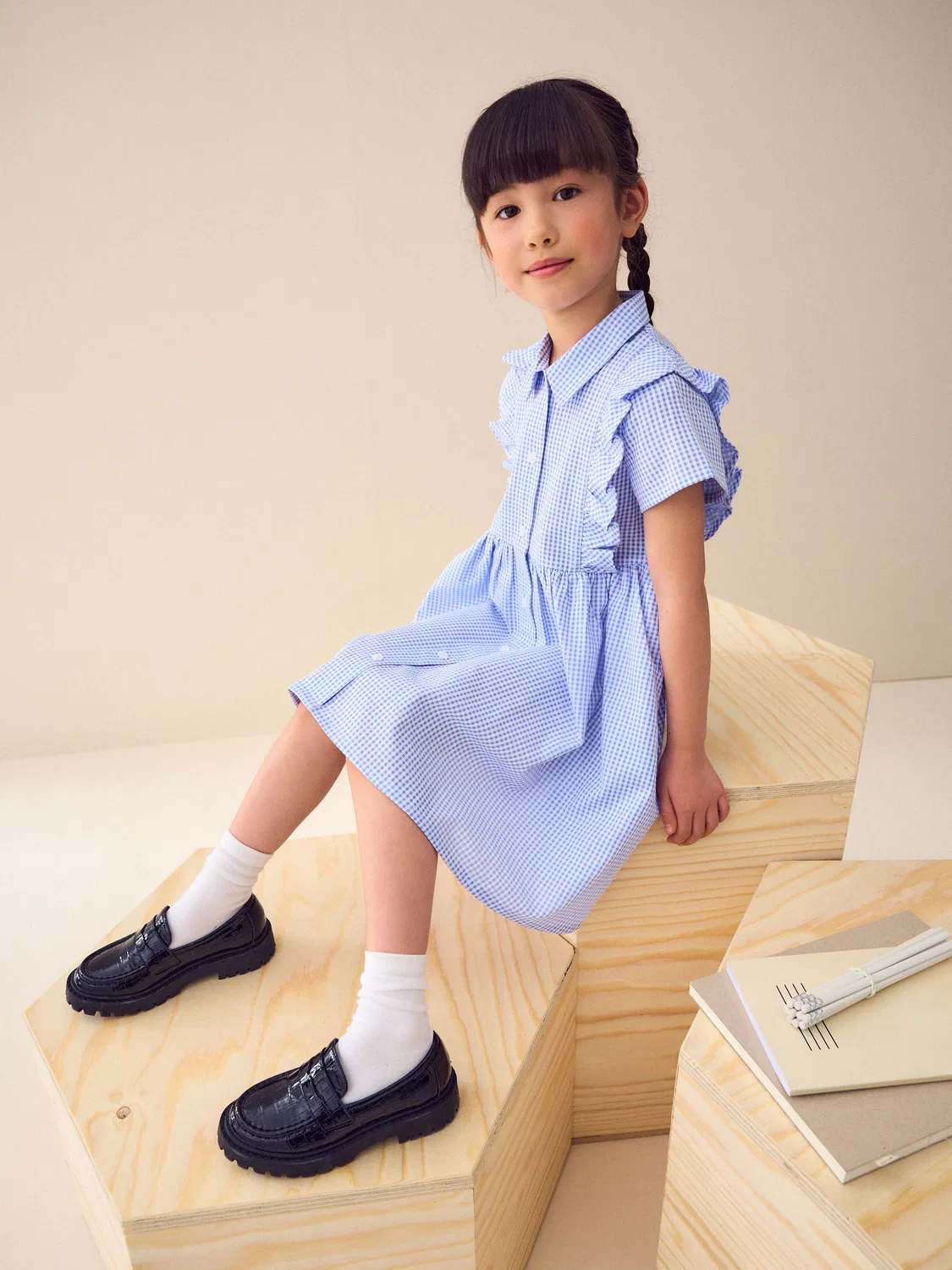 Платье школьное с рюшами в клетку, модель Gingham School Dress Next, голубой — фото 2