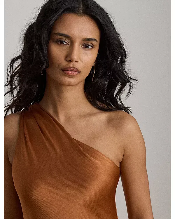 Женское платье с одним рукавом Satin Charmeuse One Shoulder Gown Ralph Lauren, красный — фото 4