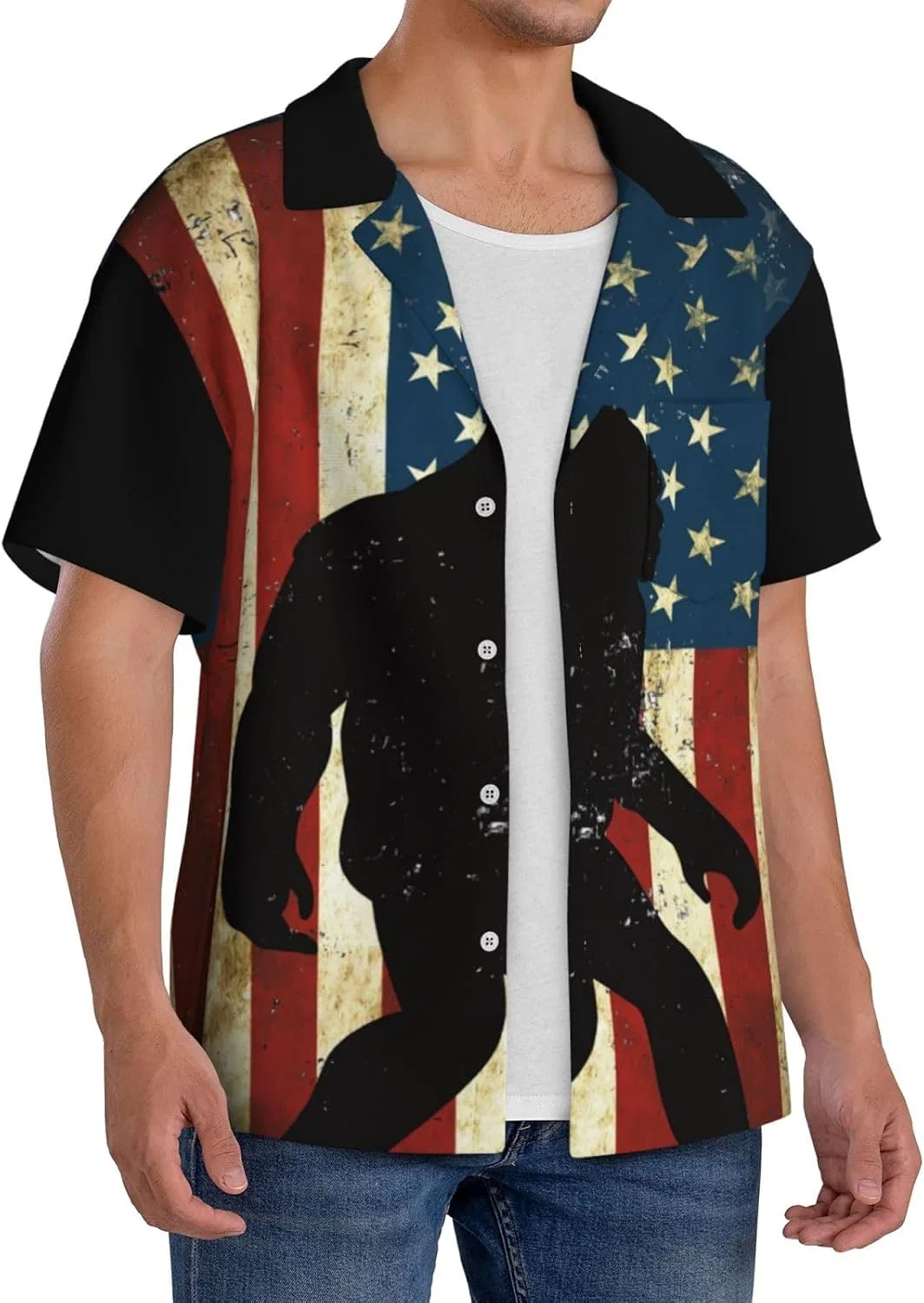 Мужская свободная рубашка с коротким рукавом Bigfoot UFO America Flag, Black — фото 2