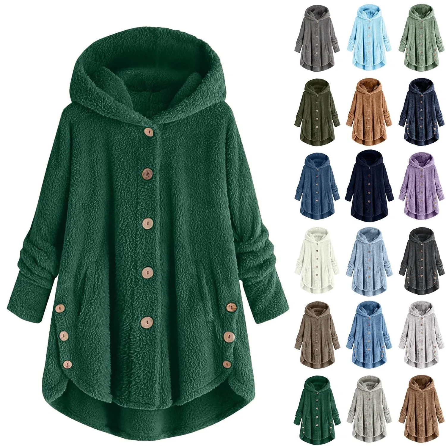 Женская флисовая куртка с капюшоном Oversize Plush Hooded Winter Coat, Blackish Green