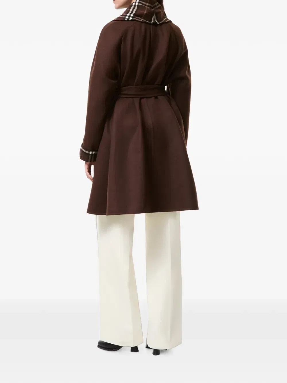 Шерстяное пальто с запахом и отделкой в клетку BURBERRY, коричневый — фото 3