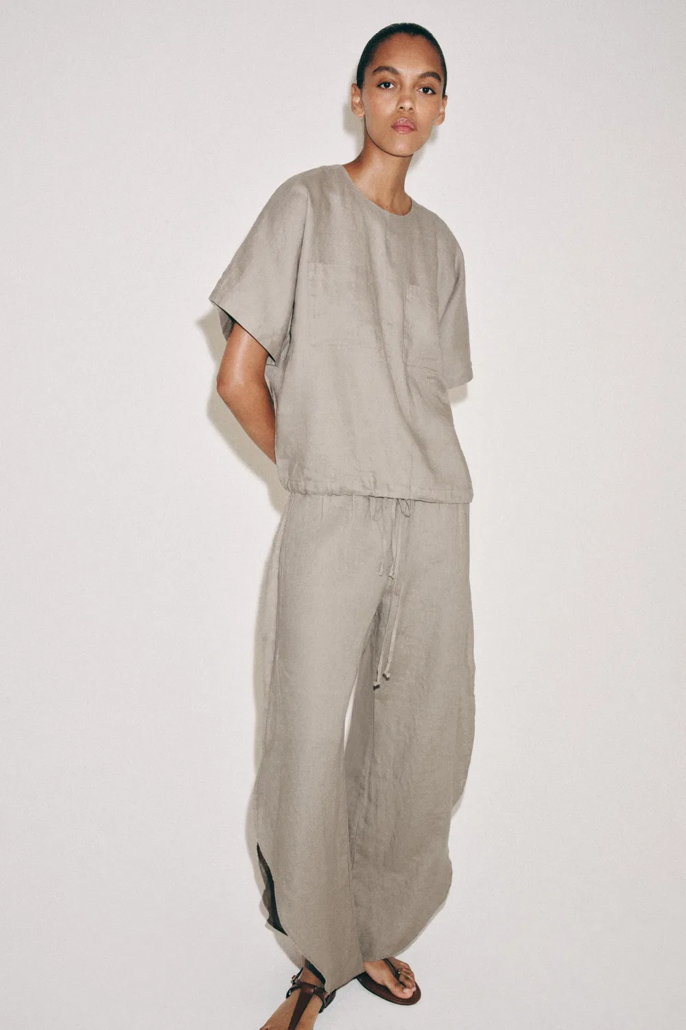 Брюки из 100% льна с разрезами, коллекция ZW ZARA, Brown/Taupe