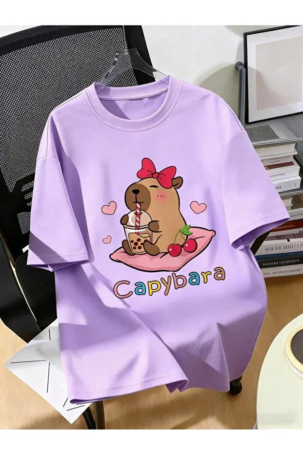 Детская футболка для девочек с принтом Cappybara patterned Cc Collection, Lilac