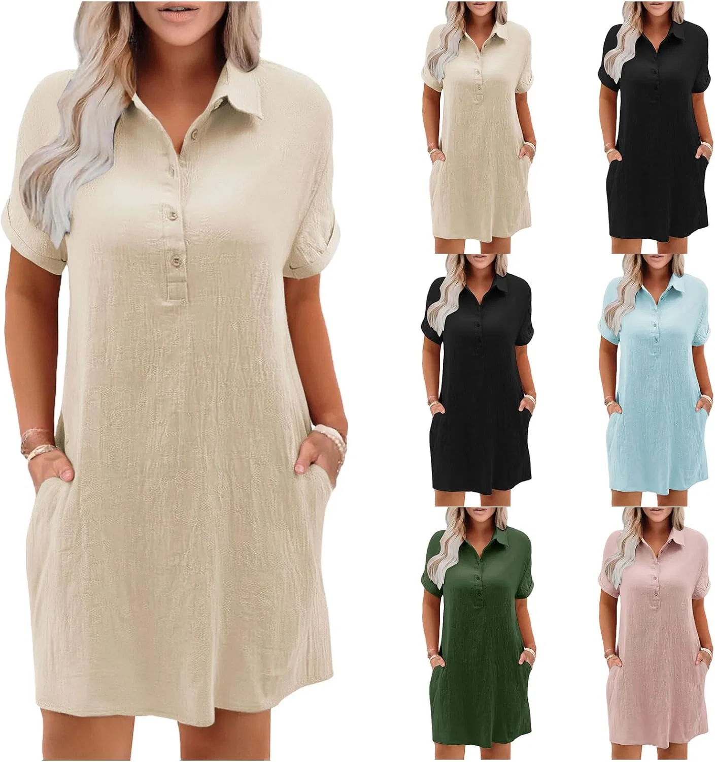 Женское пляжное платье-рубашка с коротким рукавом и карманами Cotton Linen, Beige — фото 4