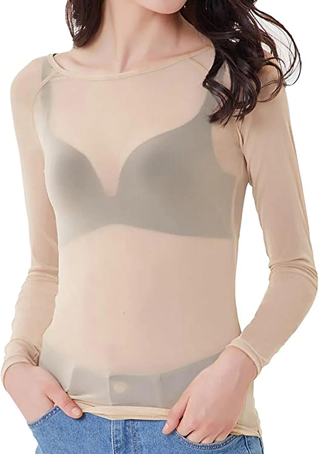 Женская сетчатая футболка с длинным рукавом Slim Fit, Khaki — фото 3