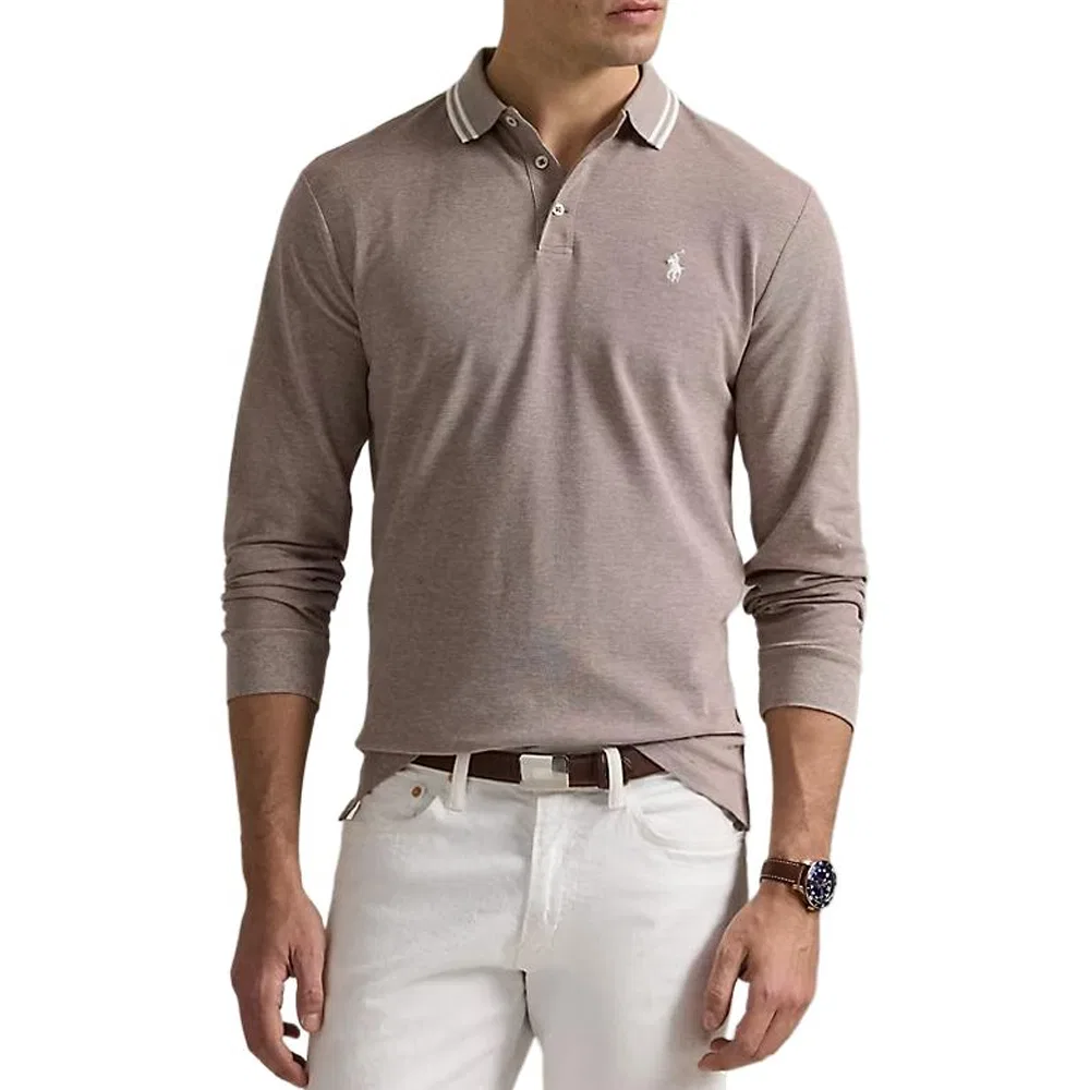 Мужское поло с длинным рукавом Slim Fit Light Umber Polo Ralph Lauren — фото 4
