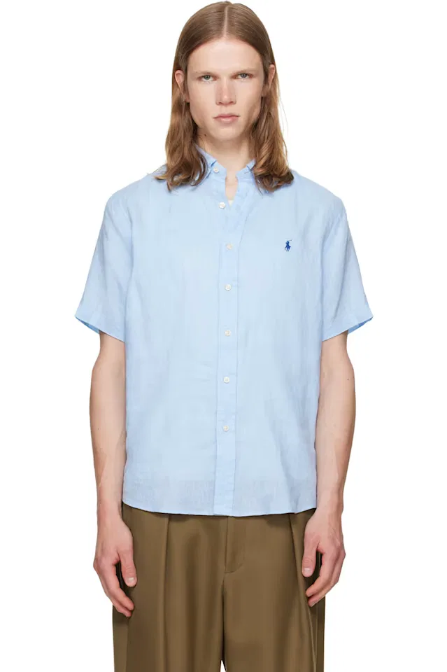 Синяя льняная спортивная рубашка с коротким рукавом Polo Ralph Lauren