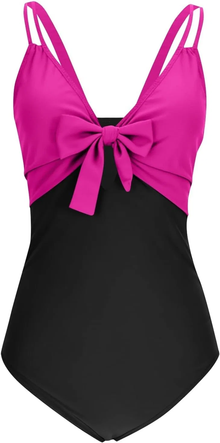 Женский слитный купальник с вырезом и узлом V-образным вырезом, Hot Pink — фото 4