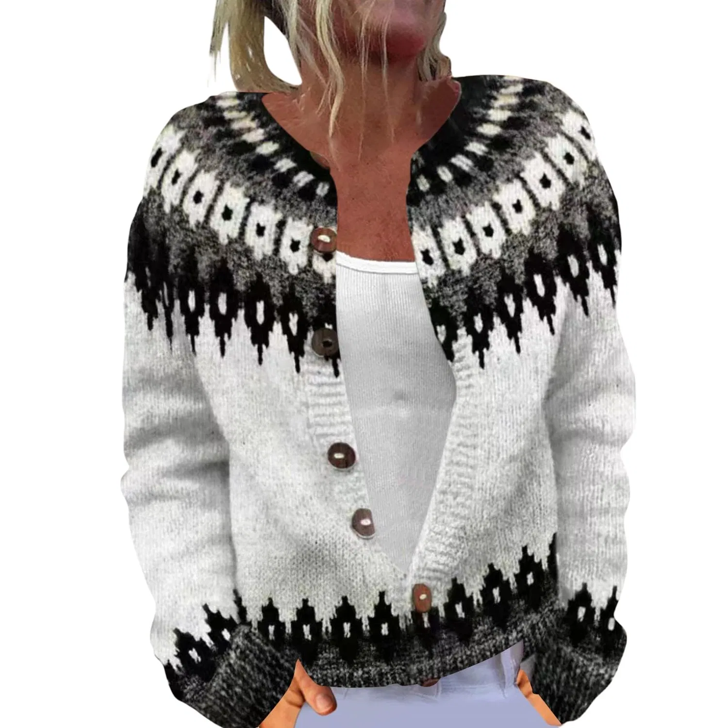 Женский кардиган с нордическим узором Fair Isle с длинным рукавом, White-g