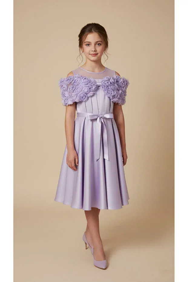 Детское платье для девочек с принтом floral detailed evening dress Melek Golden, Lila