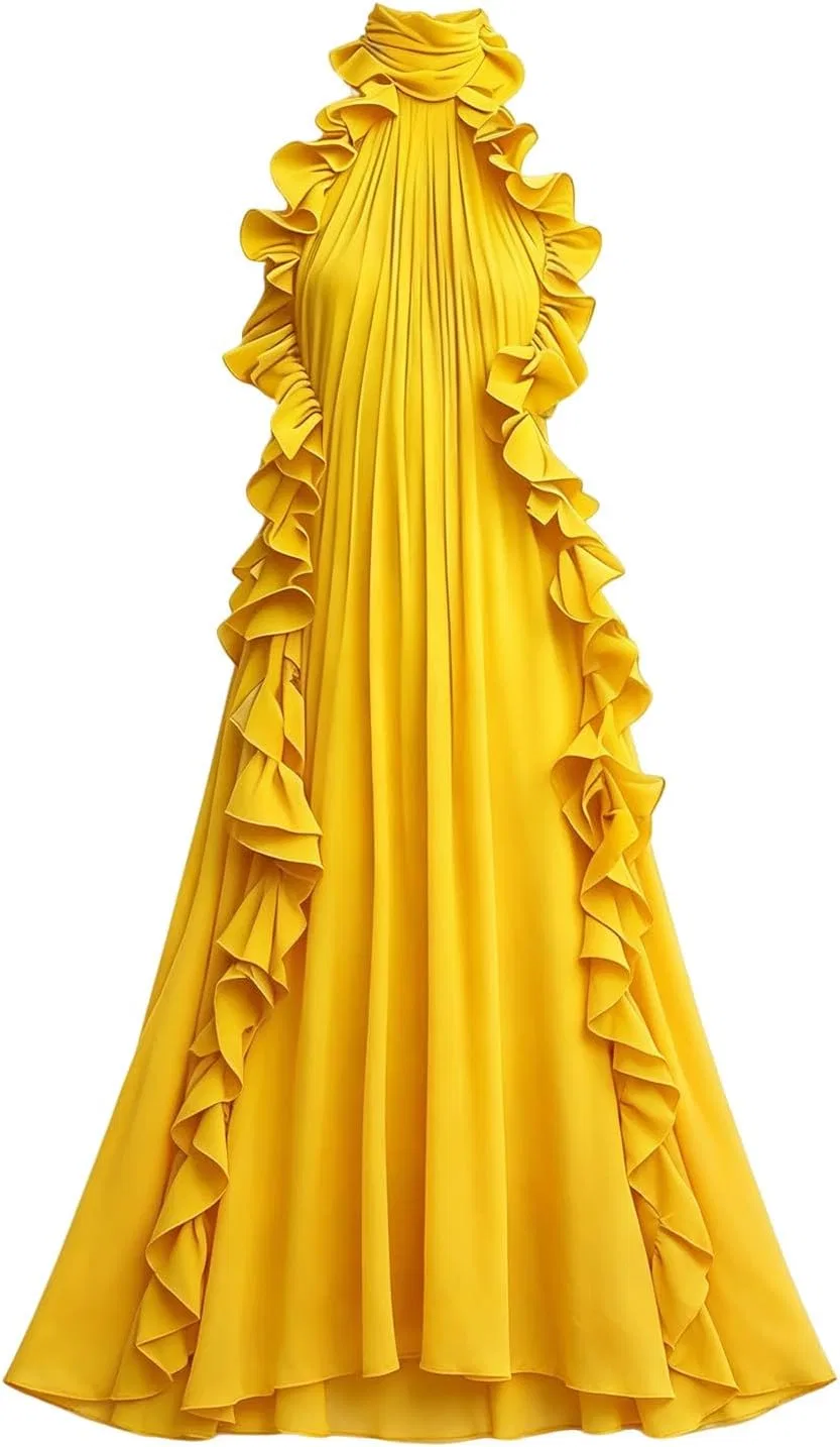 Женское платье-макси без рукавов Pleated Tiered Chiffon, жёлтый — фото 3