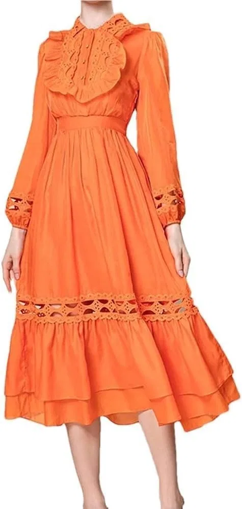 Женское платье с воланами и принтом, Flowy Ruffled Flowing Long Skirt Splice Summer Women's Elegant Embossed Dress Hollow Casual Cascading Draped Design Gown, оранжевый
