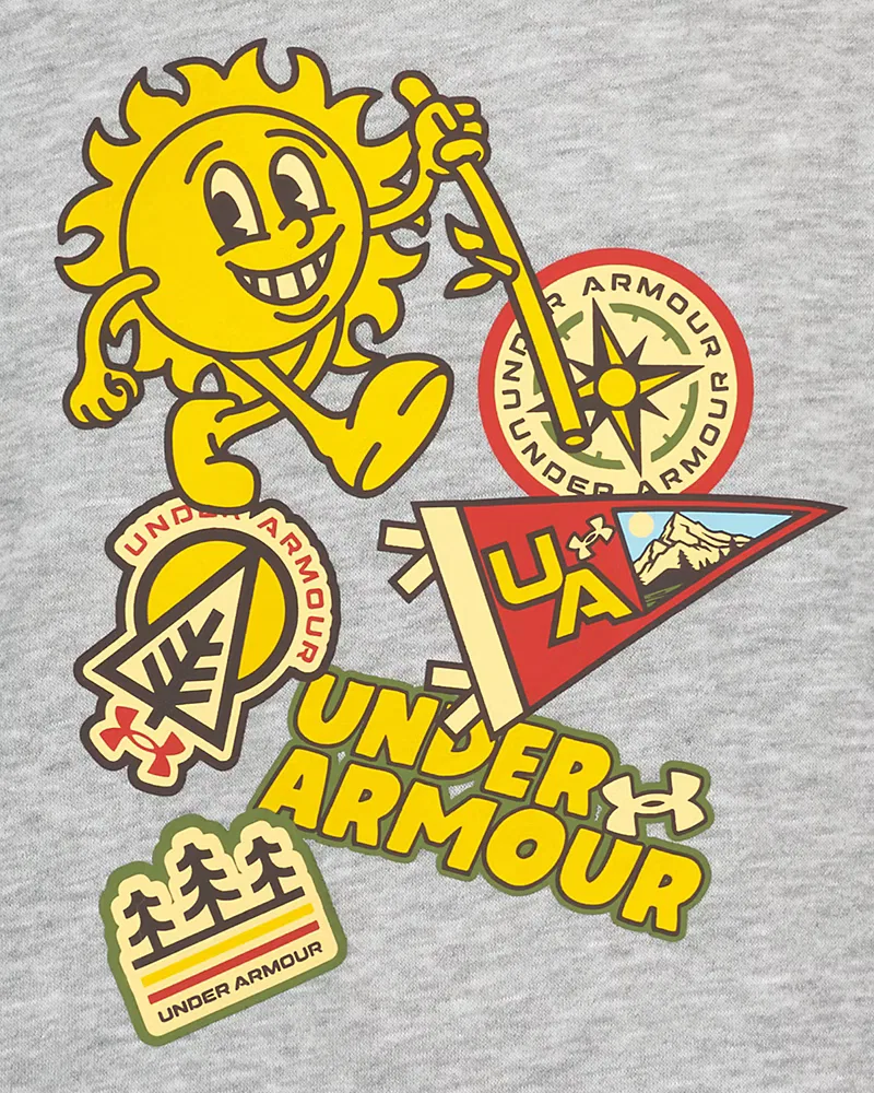 Худи детское из мягкого хлопкового флиса с капюшоном UA Camp Patches UnderArmour, Mod Gray/Pale Lemon — фото 2