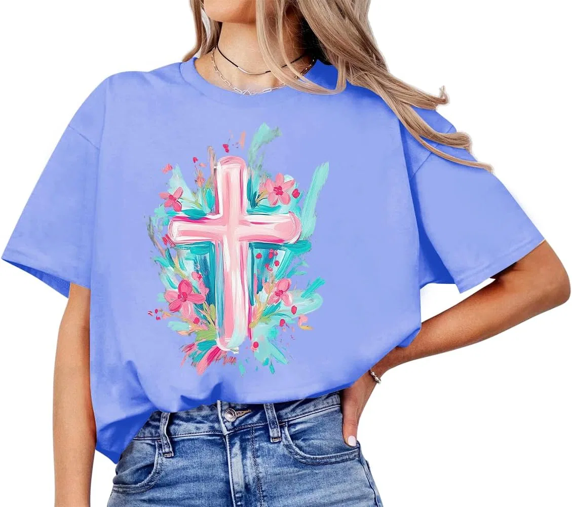 Женская футболка с цветочным крестом Easter Cross, Carolina Blue
