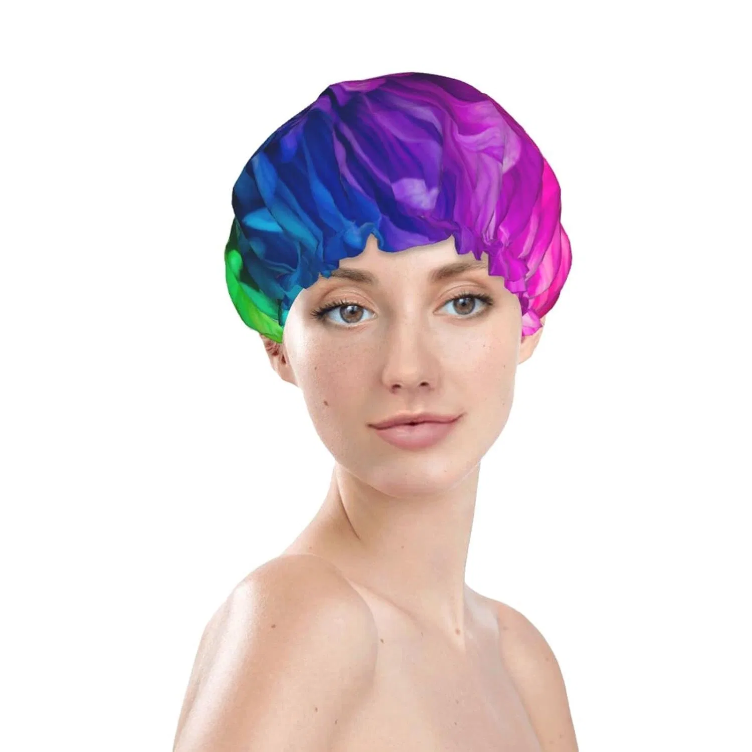 Шапочка для душа с принтом Rainbow Flowers Chrysanthemum, MORYEN, двойной слой, водонепроницаемая, многоразовая — фото 3