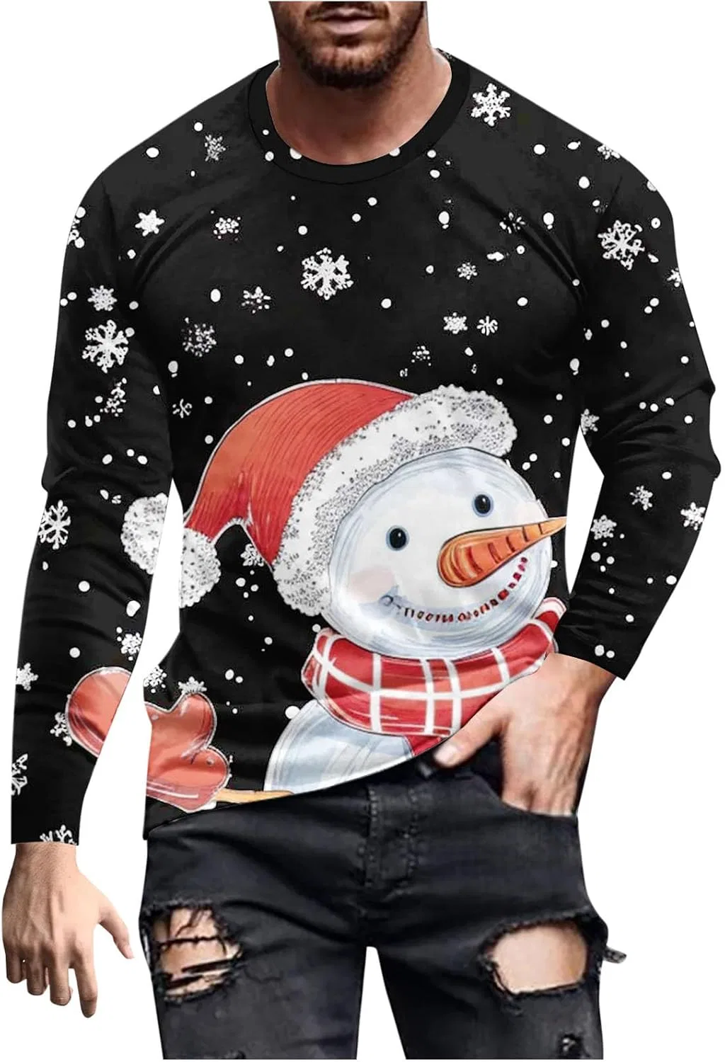 Мужская футболка с принтом снеговика Long Sleeve Casual Shirts, Black