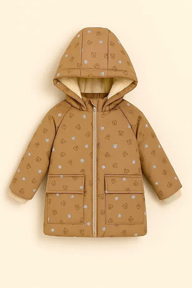 Детское зимнее пальто для девочек с принтом Cute bear printed plush fur inside zippered pocket hooded baby-child winter coat-jacket Dekubaby, Brown