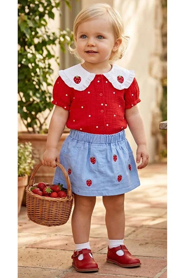 Детский комплект для новорожденных хлопковый Fisto strawberry collar embroidered 100% cotton muslin fabric mini denim skirt double holiday set Altintaş Baby, Red Blue