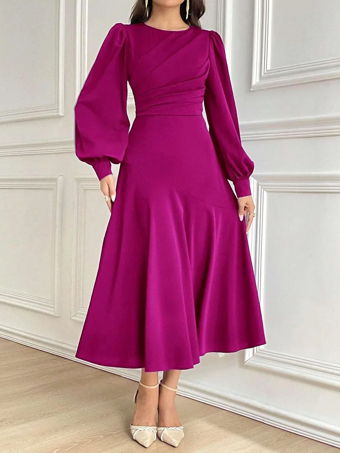 Женское платье А-силуэта с длинным рукавом, Hot Pink — фото 2