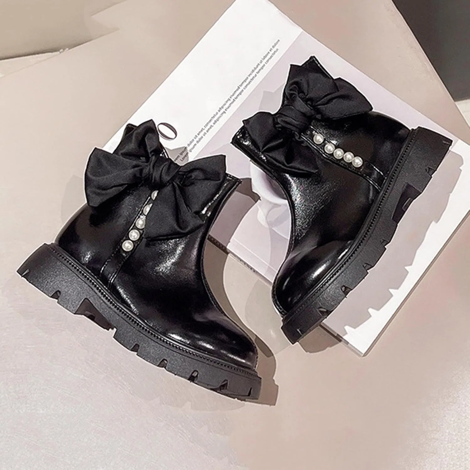 Детские ботинки для девочек с бантом и жемчугом Riding Boots Zzalalana, Black — фото 4