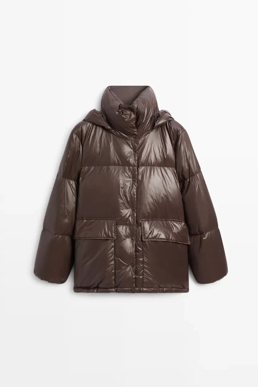 Пуховик Massimo Dutti Stand-up Collar Down, коричневый