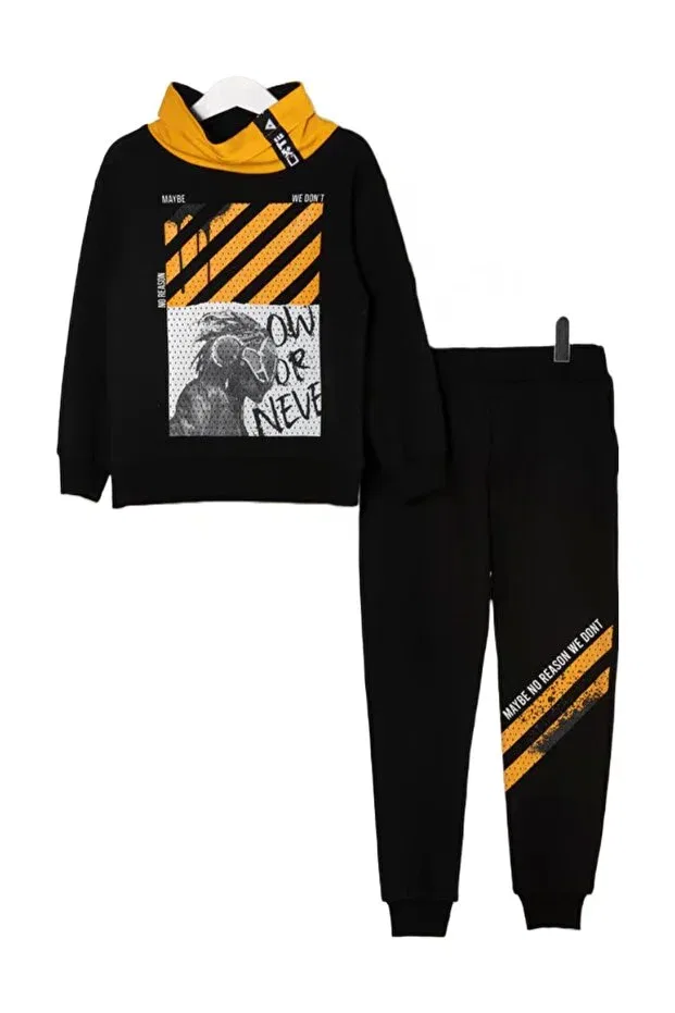 Детский спортивный костюм для мальчиков с капюшоном Miniloox Baby Boy Wide Collar Black Children's Tracksuit Set Dear Enika, Black