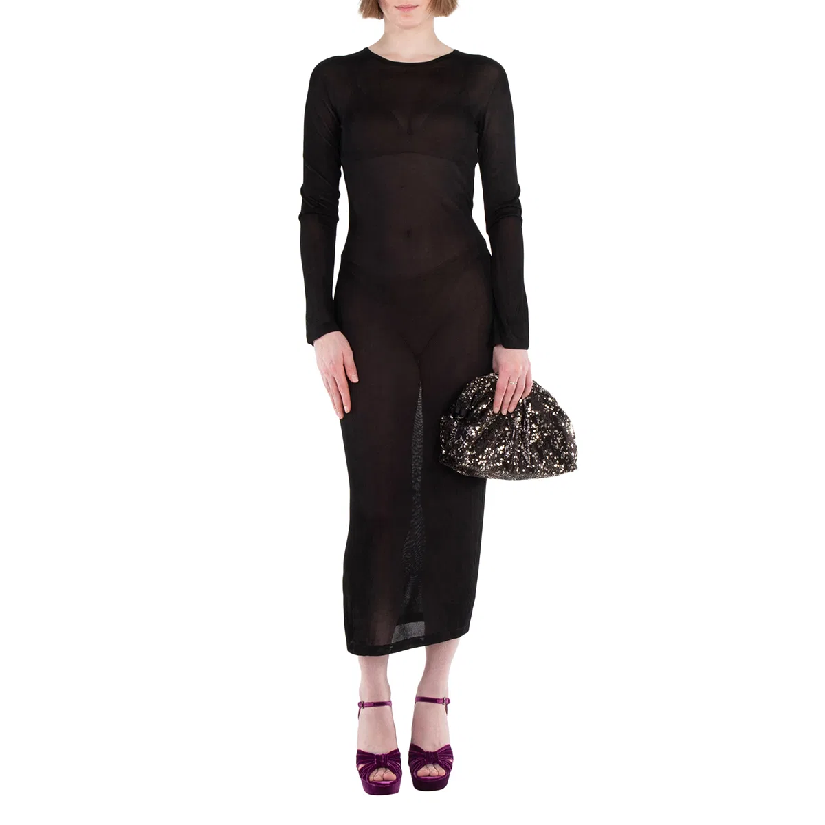 Платье миди трикотажное с разрезами на спине Knit Slashed Back Transparent Midi Dress Versace, Black
