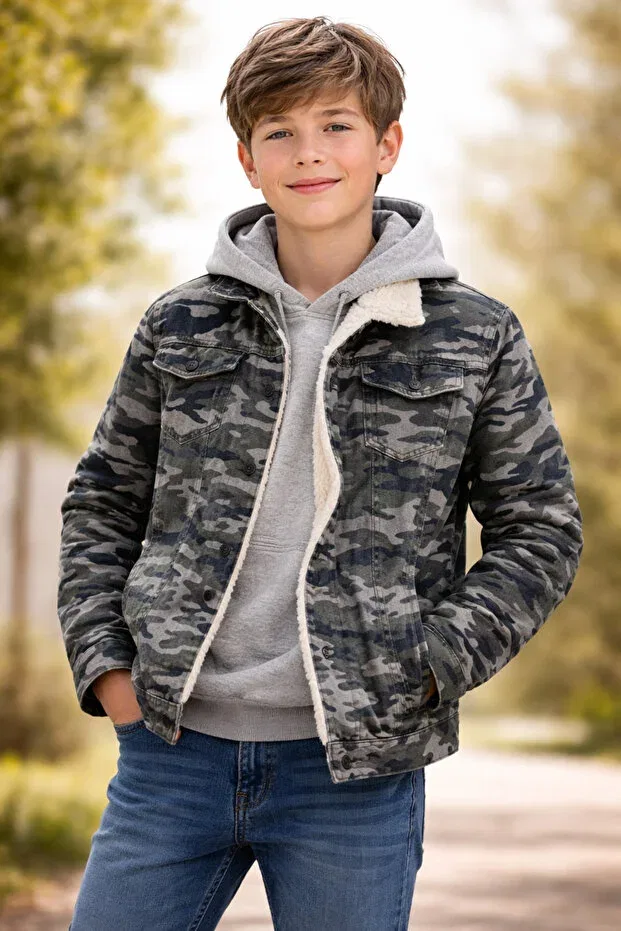 Детское джинсовое пальто для девочек с камуфляжным принтом Lion r denim fabric with fur inside camouflage pattern jeans jacket Alaska The Last Frontier, Dark Camouflage