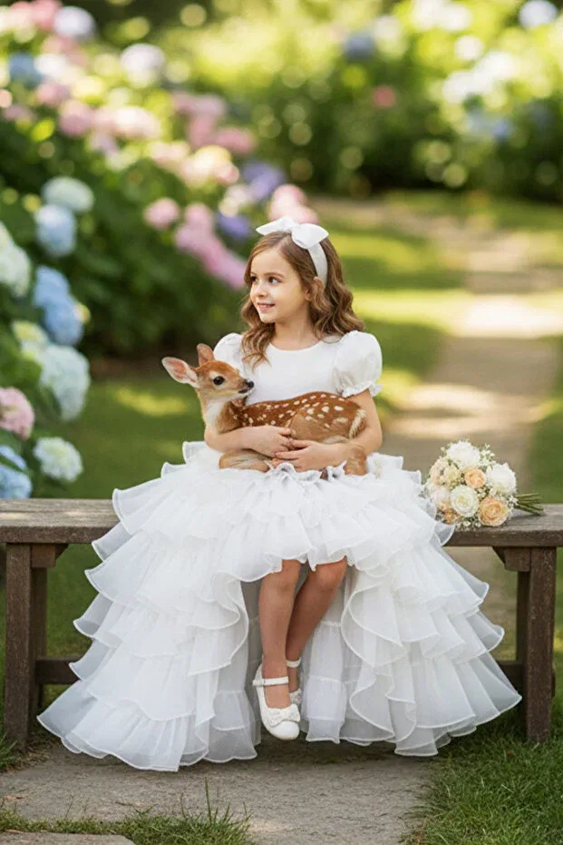 Детское платье для девочек с коротким рукавом-фонарик Purevia white fairytale girls' evening dress - layered tulle birthday dress - prom graduation dress Egolika Kids, White