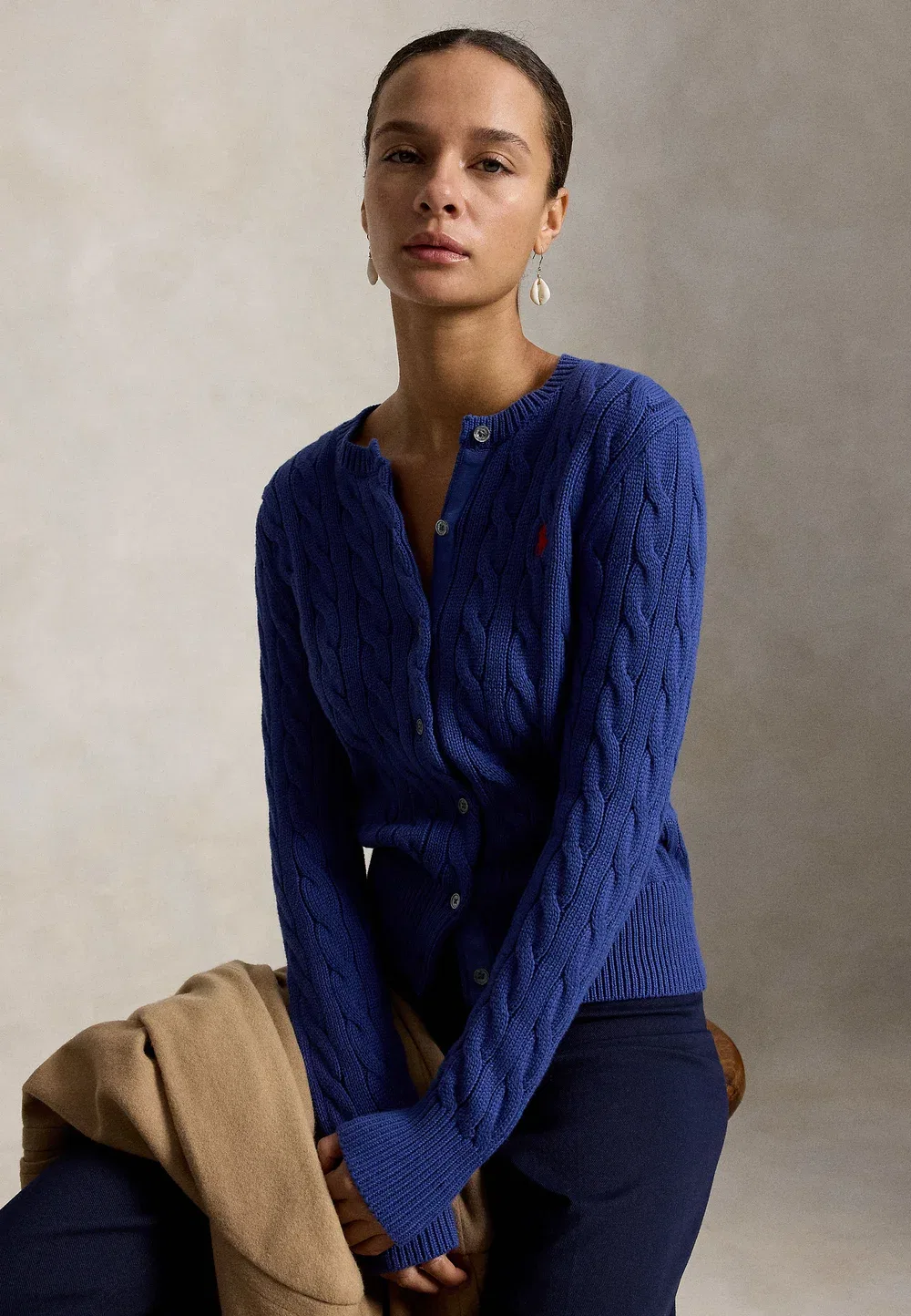 Хлопковый кардиган с круглым вырезом и косами - кардиган Polo Ralph Lauren, Charter Blue