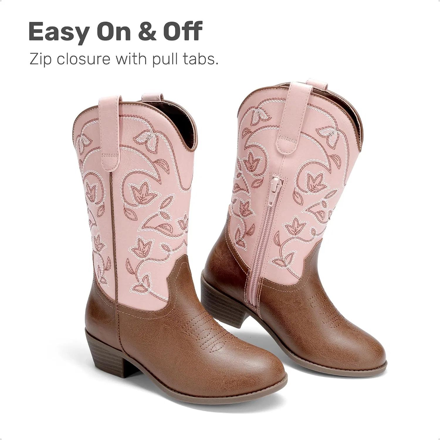 Детские сапоги для девочек с цветочной вышивкой Western Boots DREAM PAIRS, Pink/Brown — фото 3