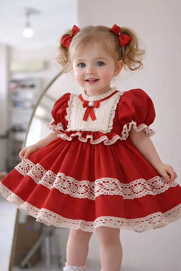 Детское платье для девочек с принтом Balloon sleeve birthday dress Prenses Tasarım Atolyesi, Red