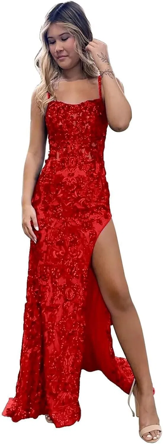 Женское вечернее платье с пайетками на бретелях YH48, Red