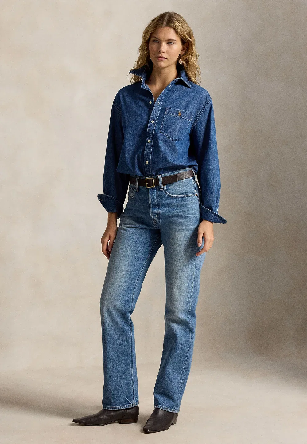 Большая хлопковая джинсовая рубашка - блузка на пуговицах Polo Ralph Lauren, Lapia Wash — фото 2