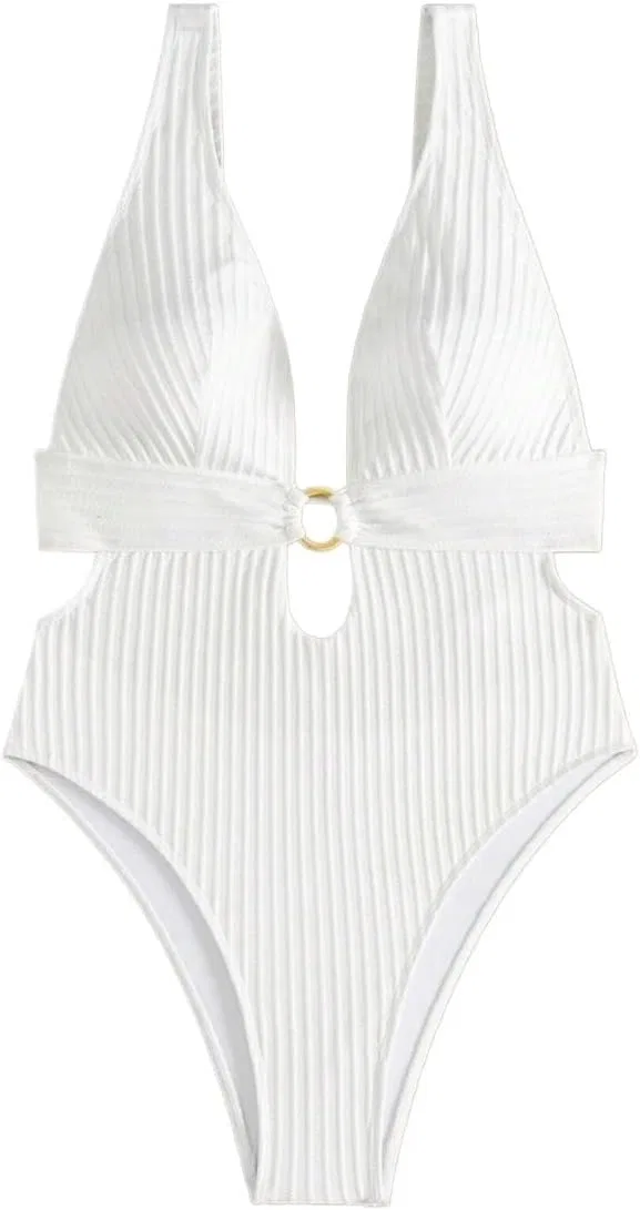 Женский цельнокроеный купальник с глубоким V-вырезом и открытой спиной, White