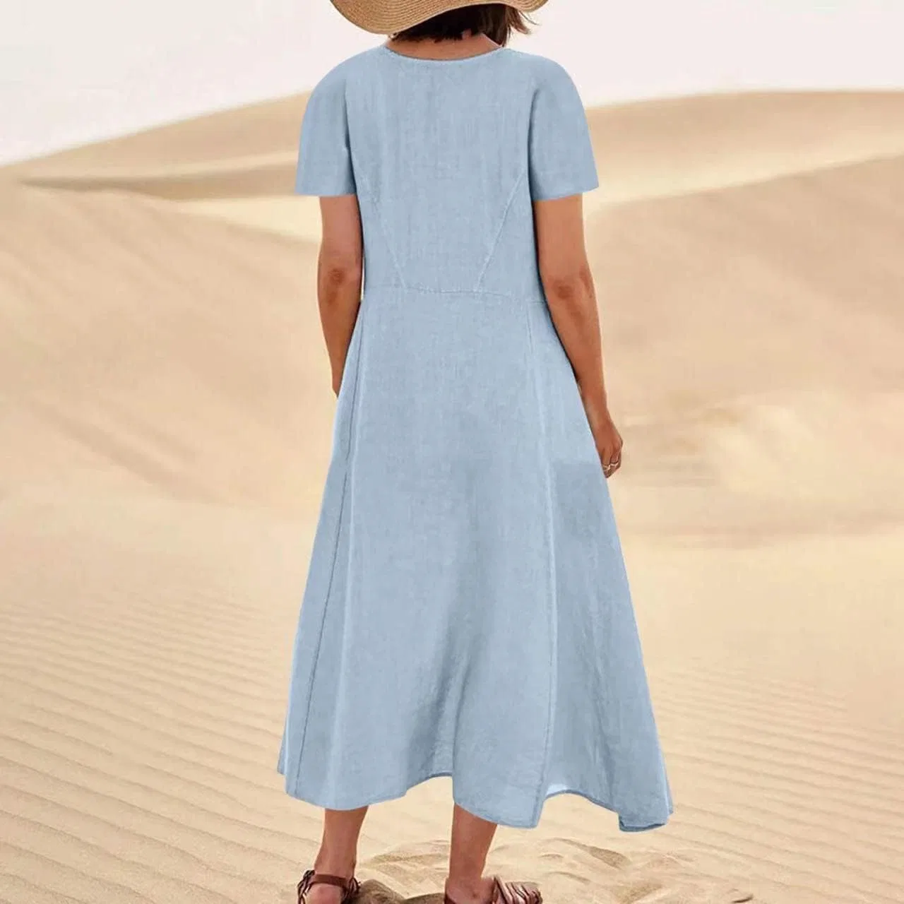 Женское летнее платье миди свободного кроя A-line Cotton Linen, Sky Blue — фото 3