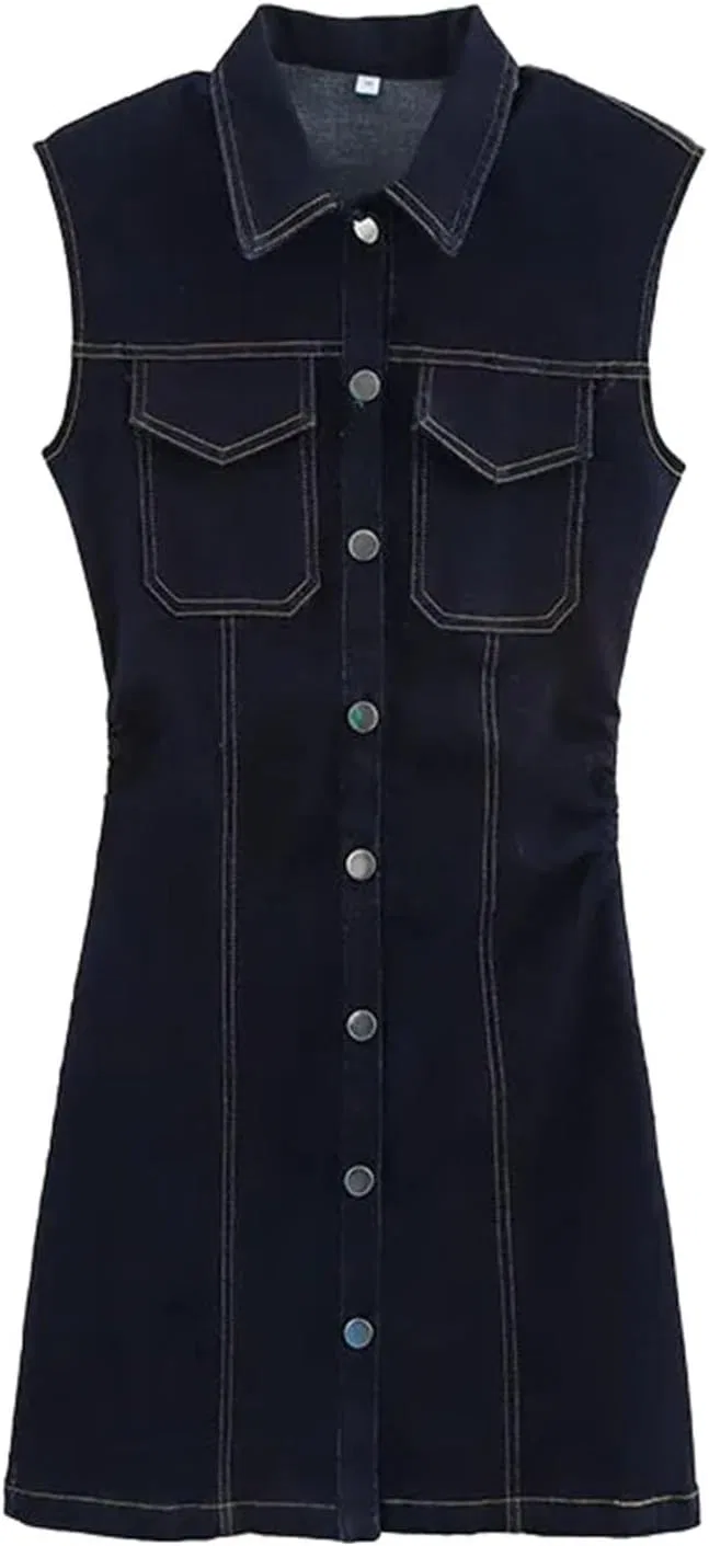 Женское мини-платье джинсовое с отложным воротником Solid, Black