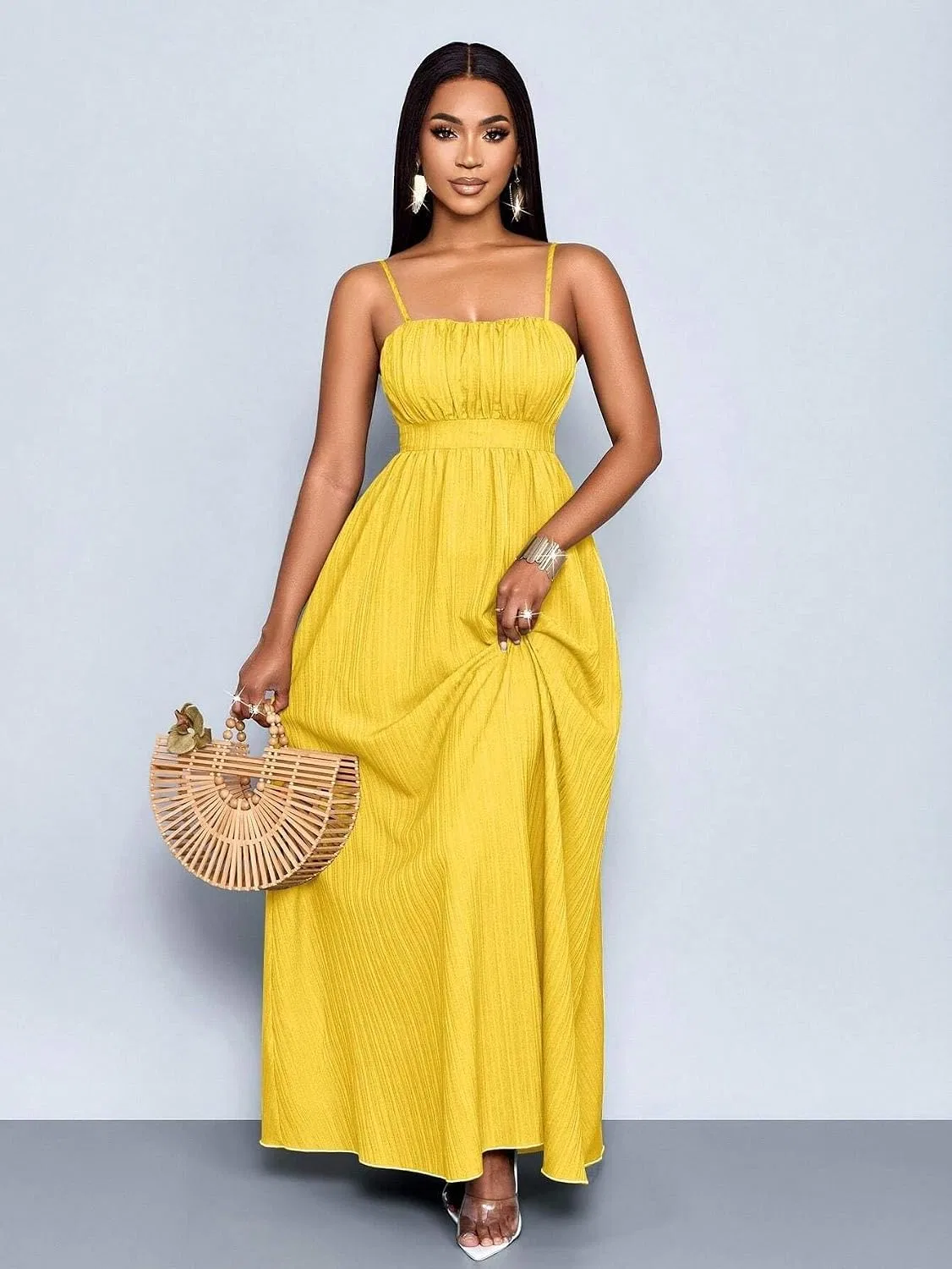 Женское летнее пляжное платье макси на бретелях, Mustard Yellow — фото 2